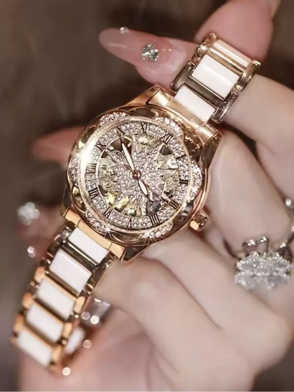 Rose Gold and White Ceramic Crystal Women's Bracelet Watch